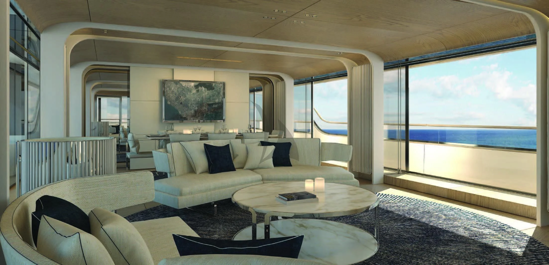 a large living room with a large window aboard KOJU Yacht for Sale