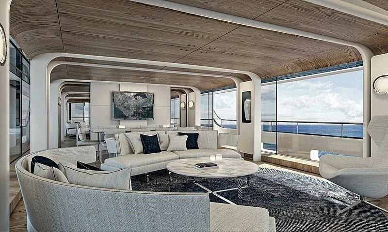 a living room with a large window aboard KOJU Yacht for Sale