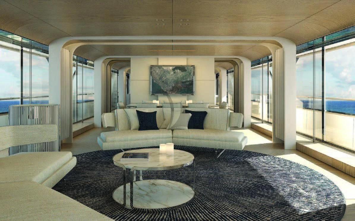 a living room with a large glass window aboard KOJU Yacht for Sale