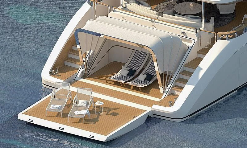 a white boat on a blue surface aboard KOJU Yacht for Sale