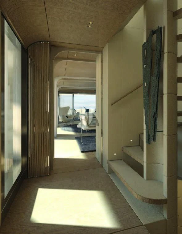 a hallway with a door and a chair aboard KOJU Yacht for Sale