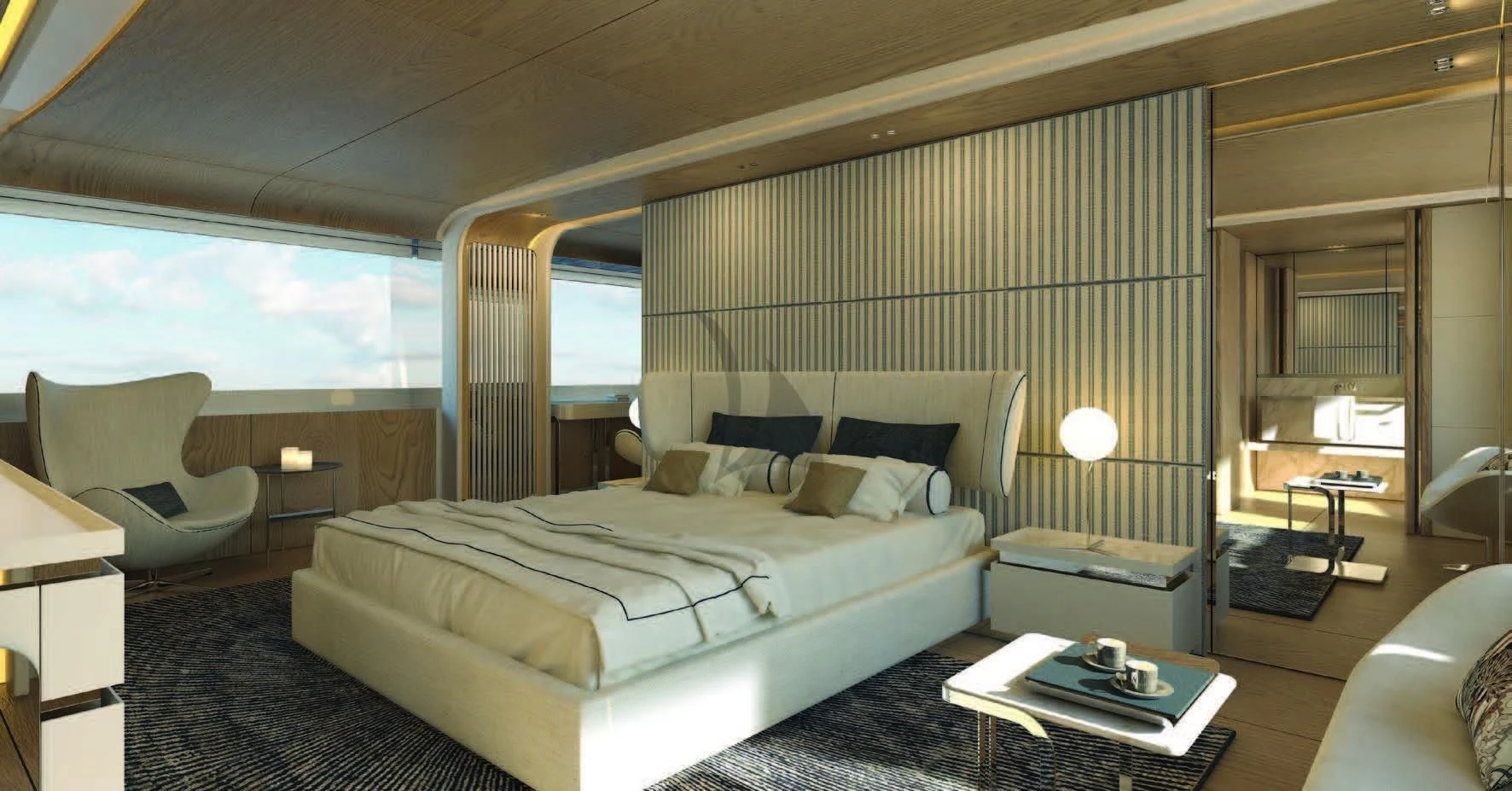 a large bedroom with a large bed aboard KOJU Yacht for Sale