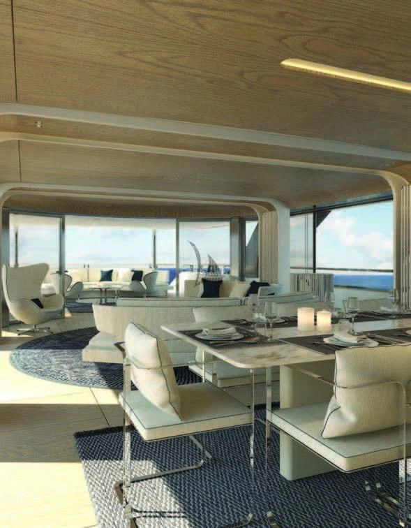 a room with a table chairs and a window aboard KOJU Yacht for Sale