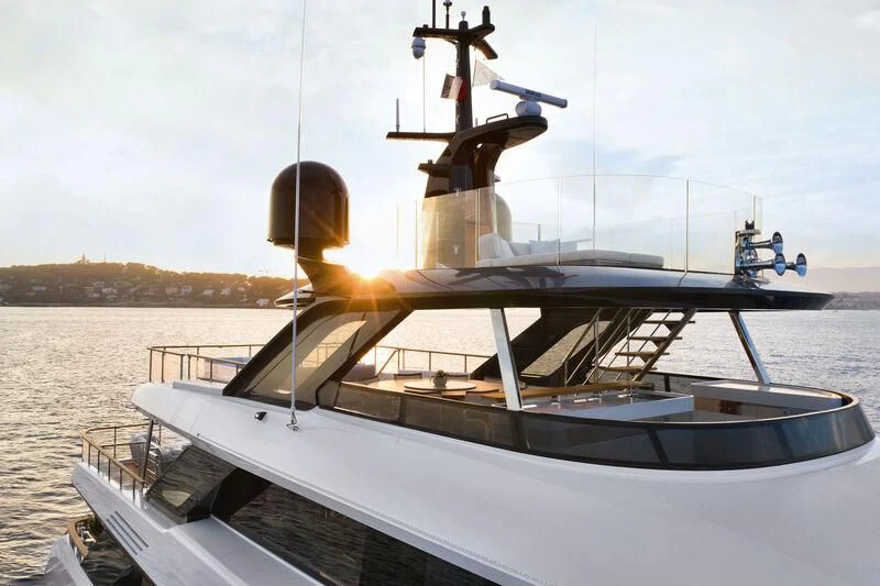 a boat with a satellite dish on it aboard KOJU Yacht for Sale