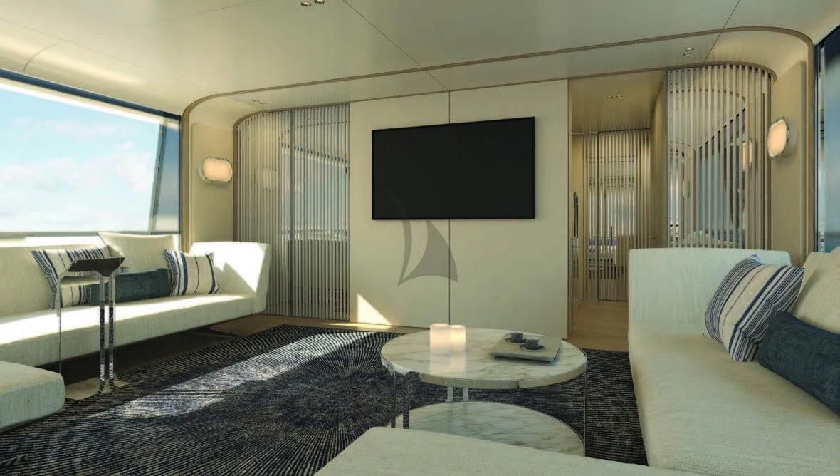 a living room with a large tv aboard KOJU Yacht for Sale