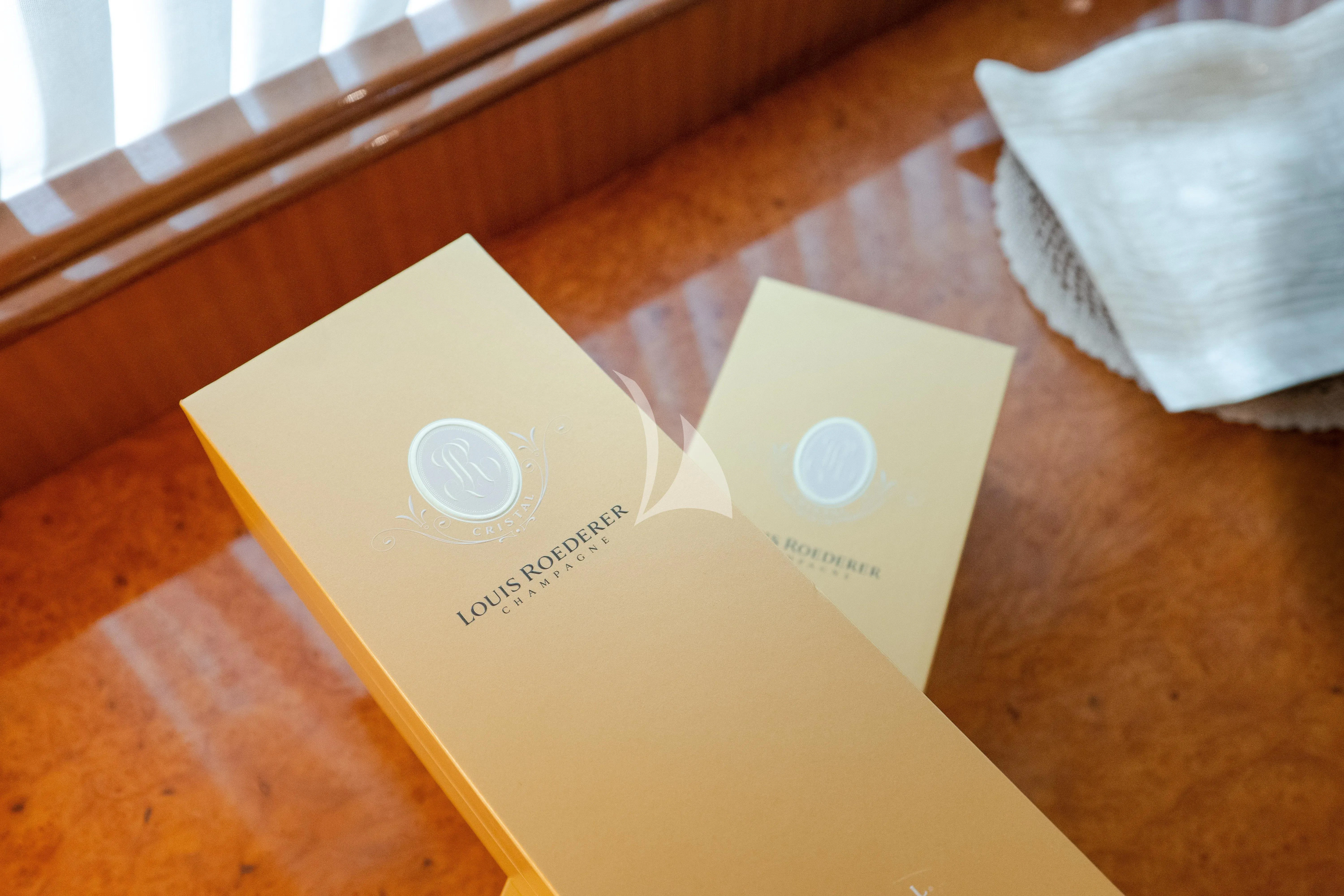 a group of boxes on a table aboard JAUNI Yacht for Sale