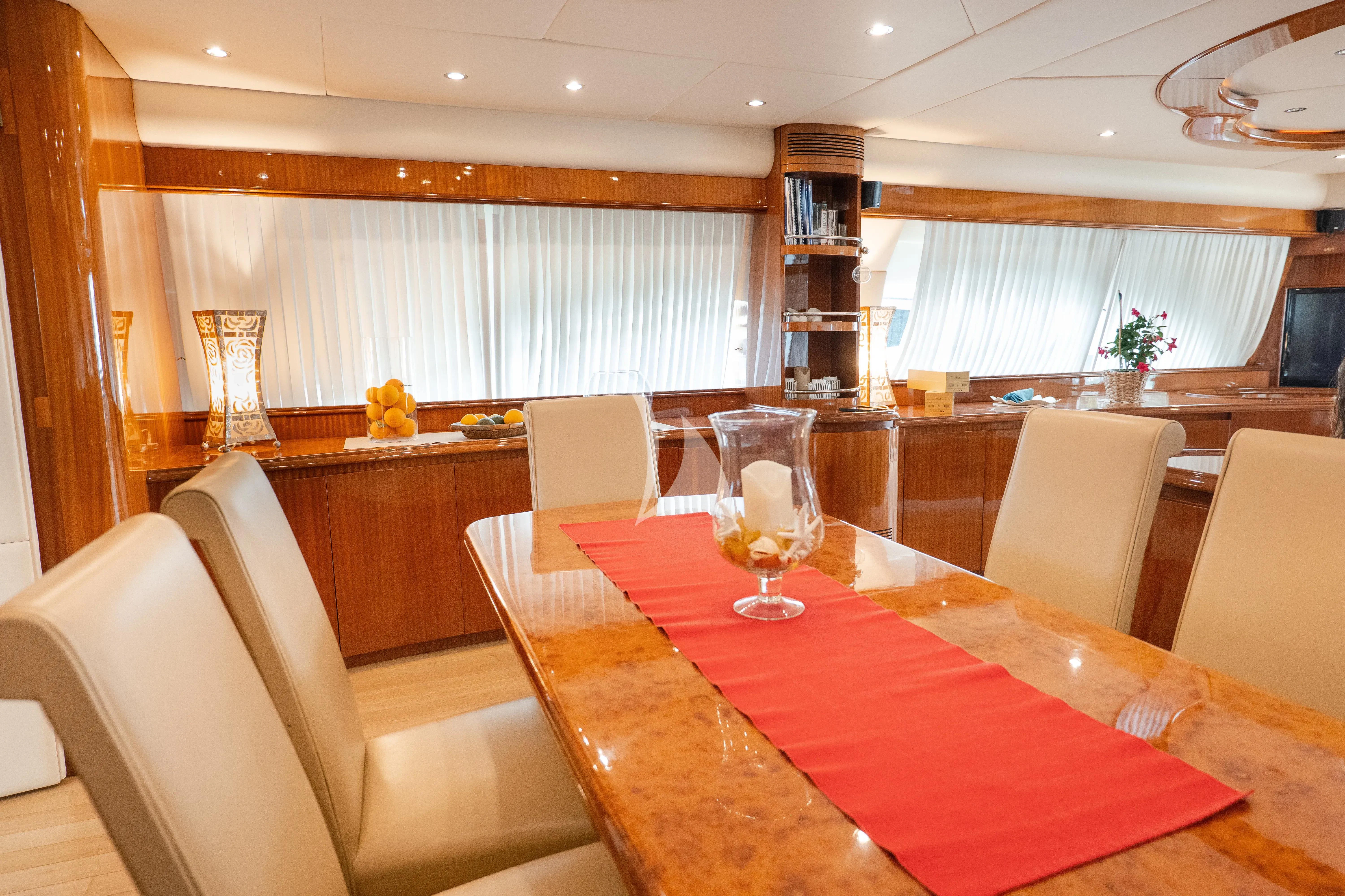 a room with a table and chairs aboard JAUNI Yacht for Sale