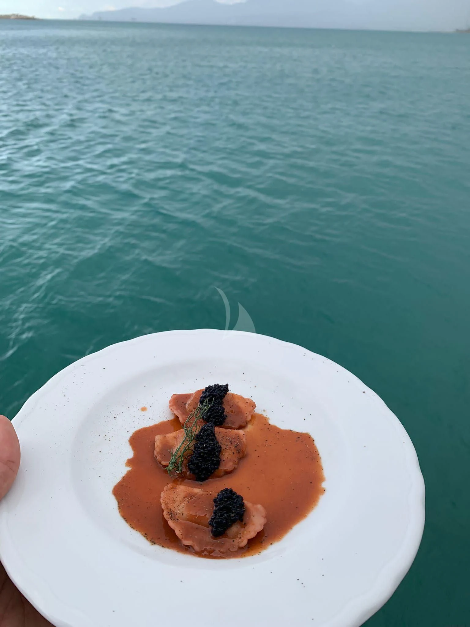 a plate of food aboard JAUNI Yacht for Sale