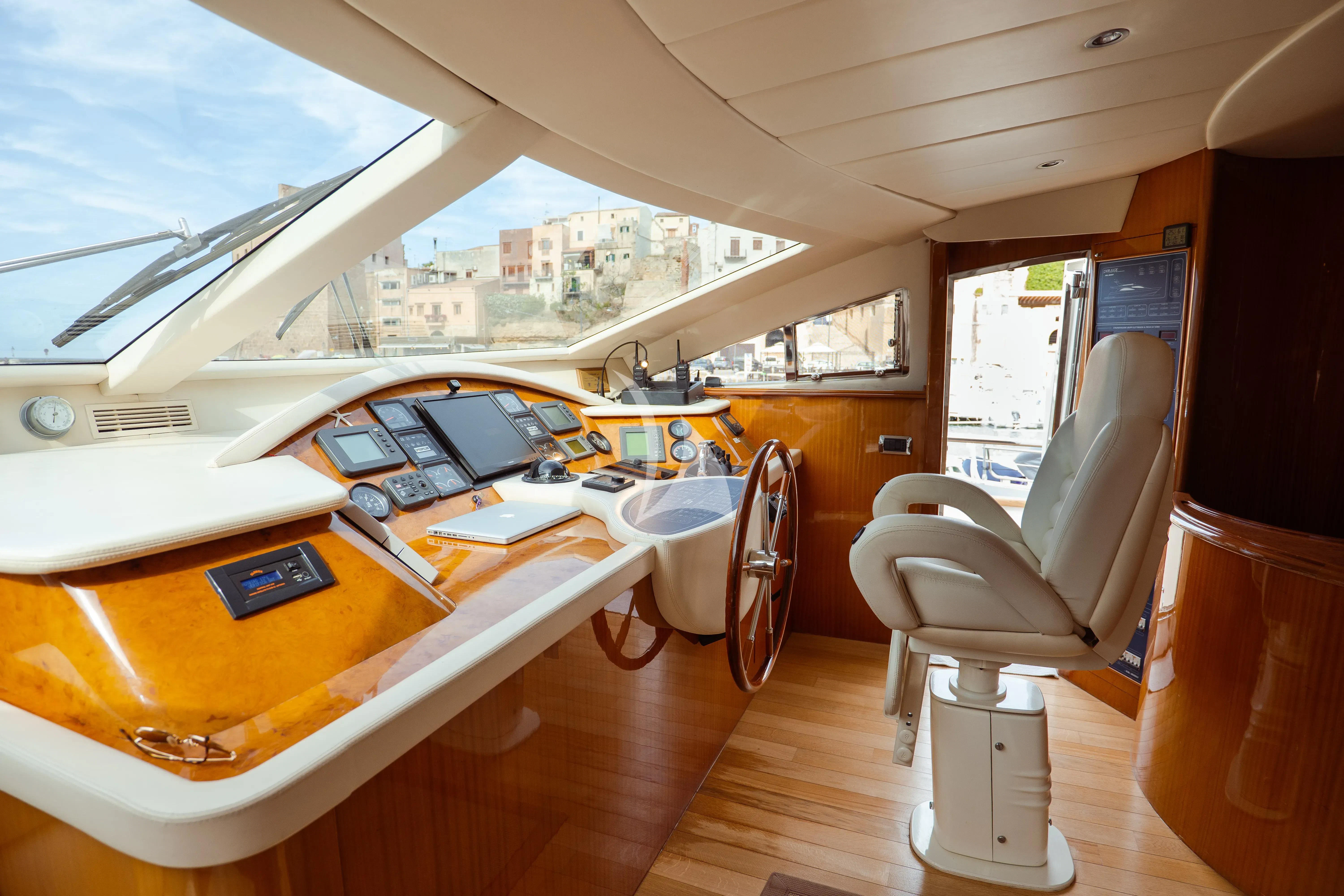 a boat with a desk and chairs aboard JAUNI Yacht for Sale