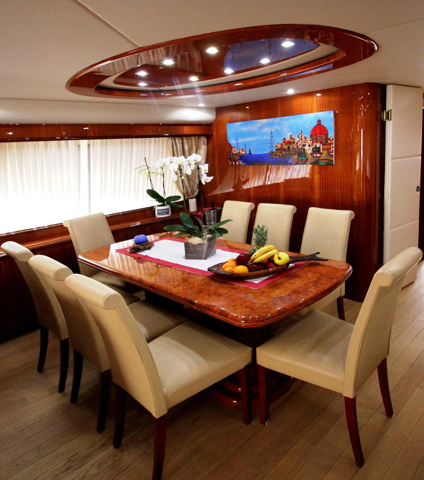 a table with fruit on it aboard JAUNI Yacht for Sale