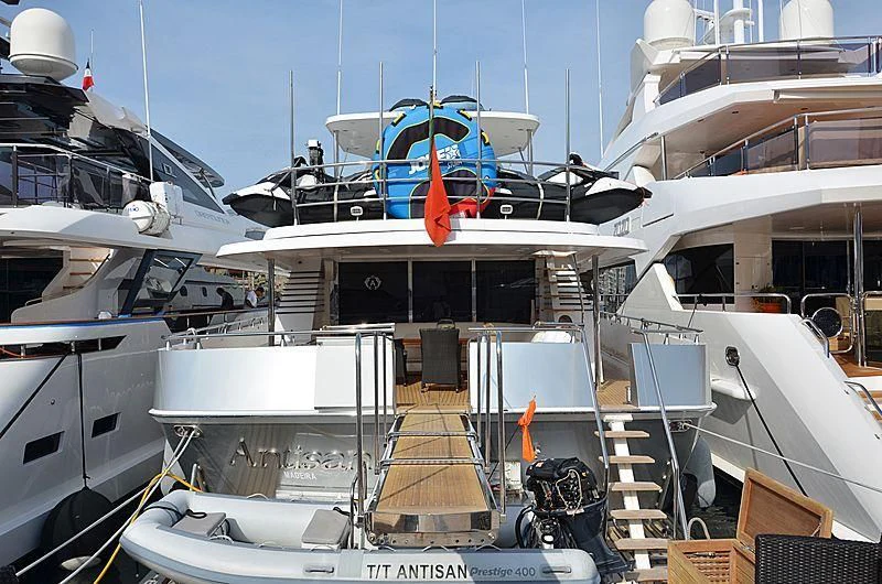 a boat with a ladder on it aboard ANTISAN Yacht for Charter
