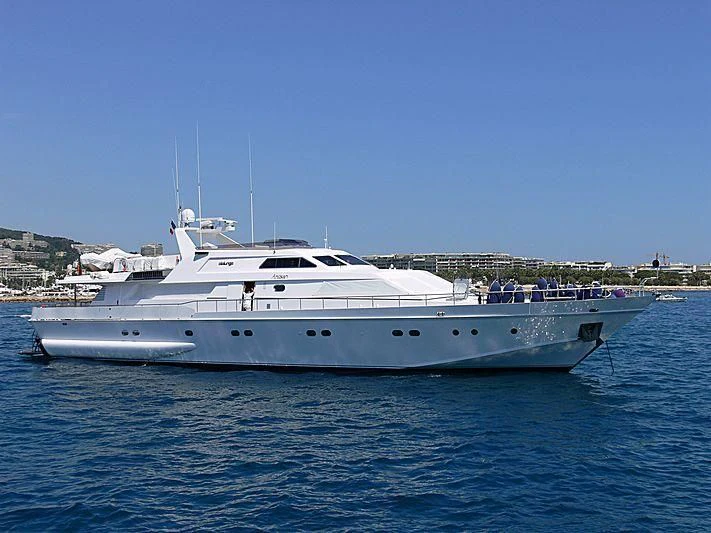 a large white boat in the water aboard ANTISAN Yacht for Charter