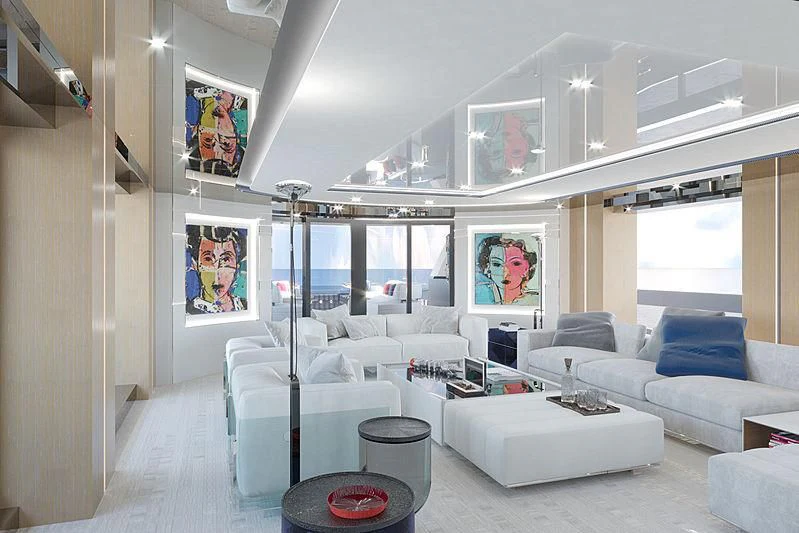 a living room with white furniture aboard ARIA SF Yacht for Sale
