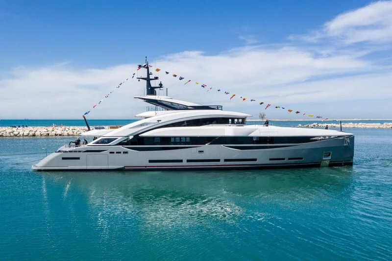 a white boat in the water aboard ARIA SF Yacht for Sale