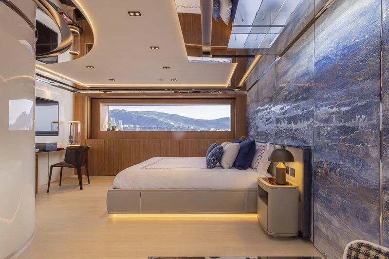 a bed in a room aboard ARIA SF Yacht for Sale