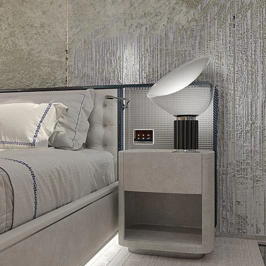 a room with a bed and a lamp aboard ARIA SF Yacht for Sale
