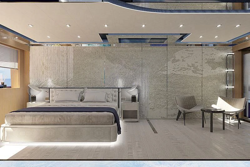 a room with a bed and a chair aboard ARIA SF Yacht for Sale