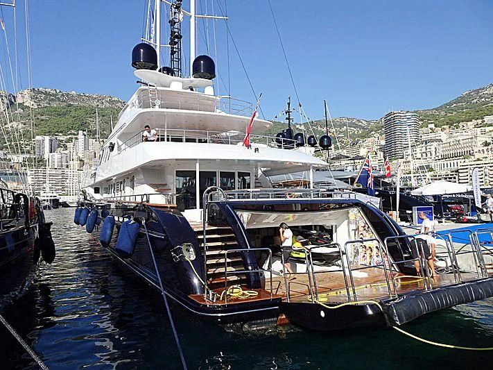 a boat docked at a pier aboard SPACE Y Yacht for Sale