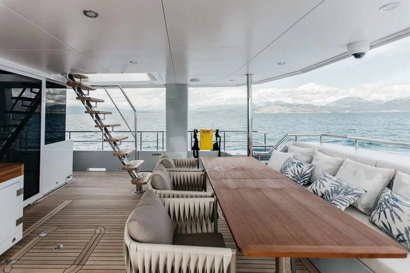a large balcony overlooking a body of water aboard LEMANJA Yacht for Sale