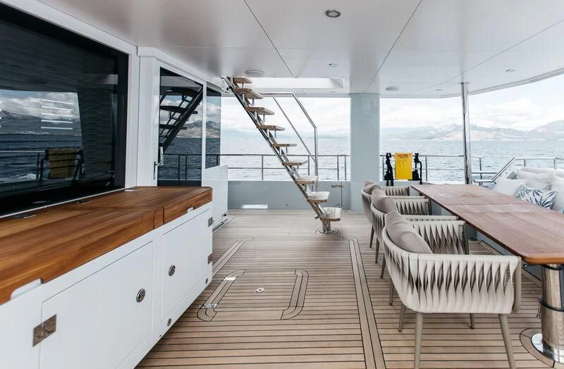 a boat dock with a bench aboard LEMANJA Yacht for Sale
