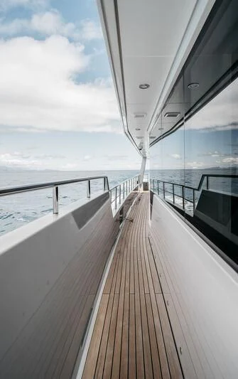 a wooden walkway on a boat aboard LEMANJA Yacht for Sale
