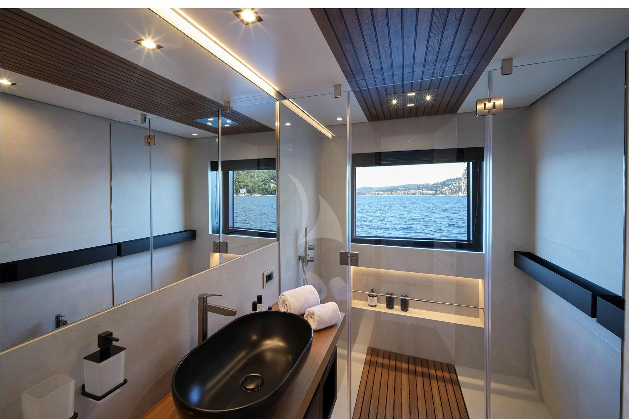 a bathroom with a sink and a large window aboard WHY 200 Yacht for Sale