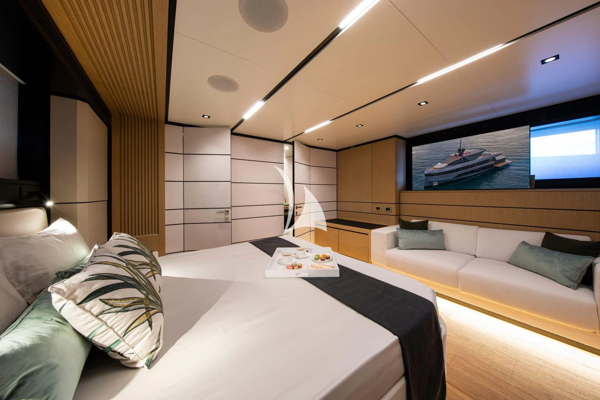 a room with a bed and a tv aboard WHY 200 Yacht for Sale