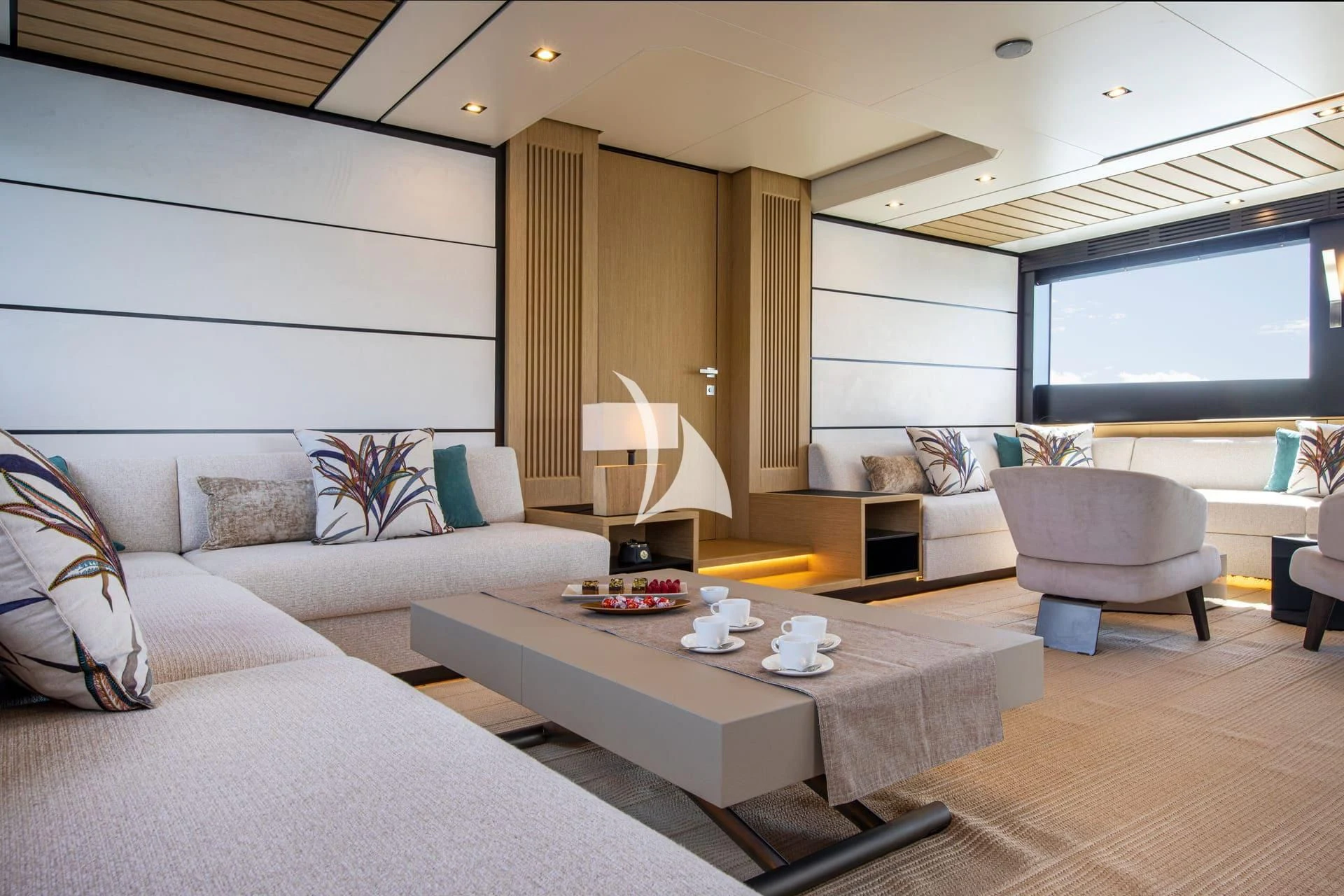 a living room with a large window aboard WHY 200 Yacht for Sale