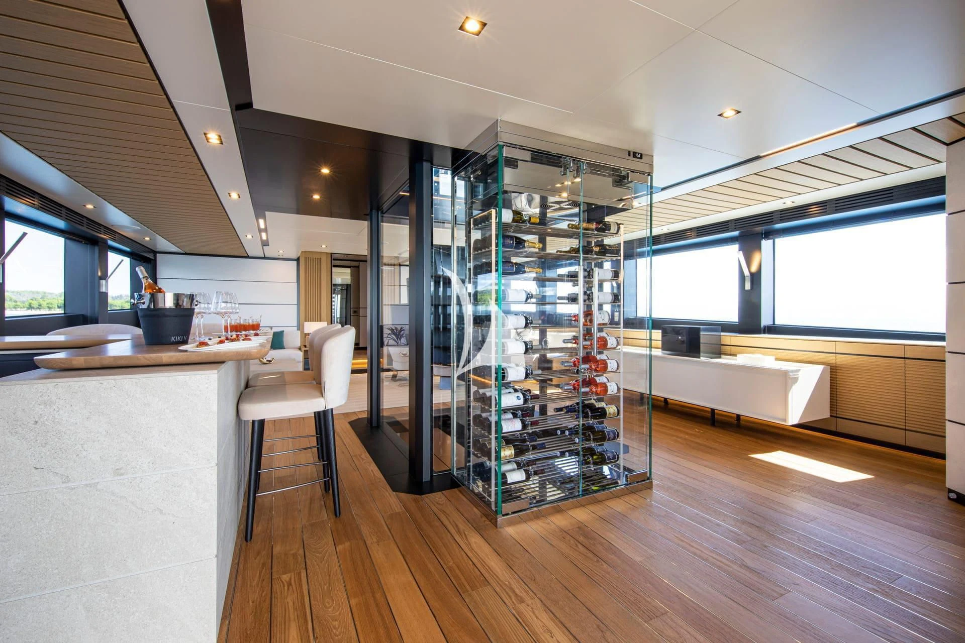 a room with a large glass display case aboard WHY 200 Yacht for Sale