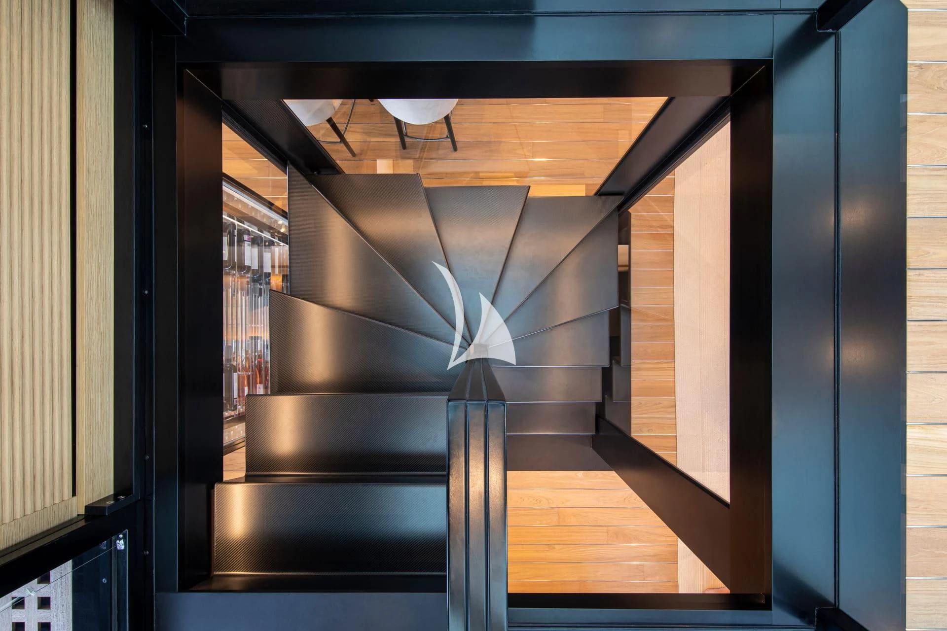 a room with a staircase and a ceiling fan aboard WHY 200 Yacht for Sale