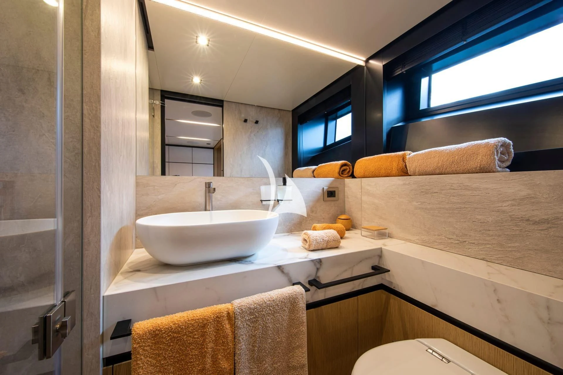 a bathroom with a sink and a mirror aboard WHY 200 Yacht for Sale