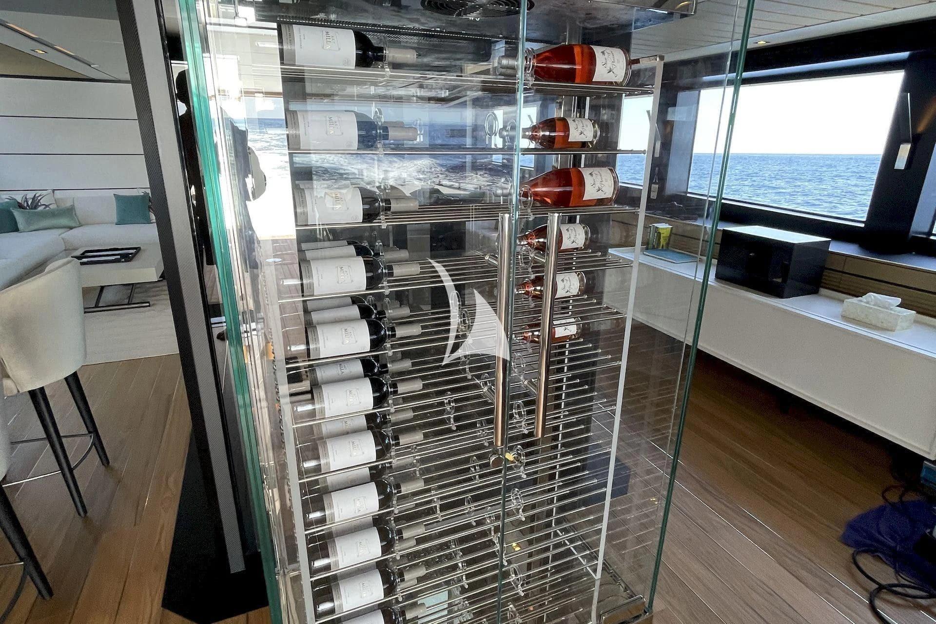 a large shelf with many items inside aboard WHY 200 Yacht for Sale