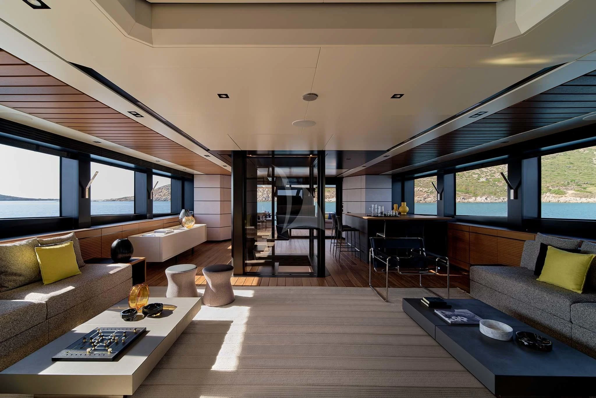 a living room with a large window aboard WHY 200 Yacht for Sale