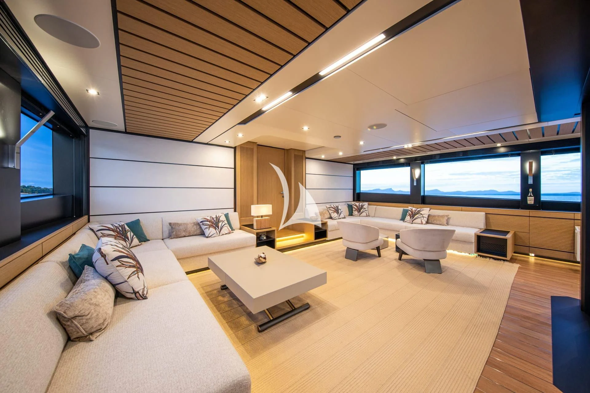 a living room with a large window aboard WHY 200 Yacht for Sale
