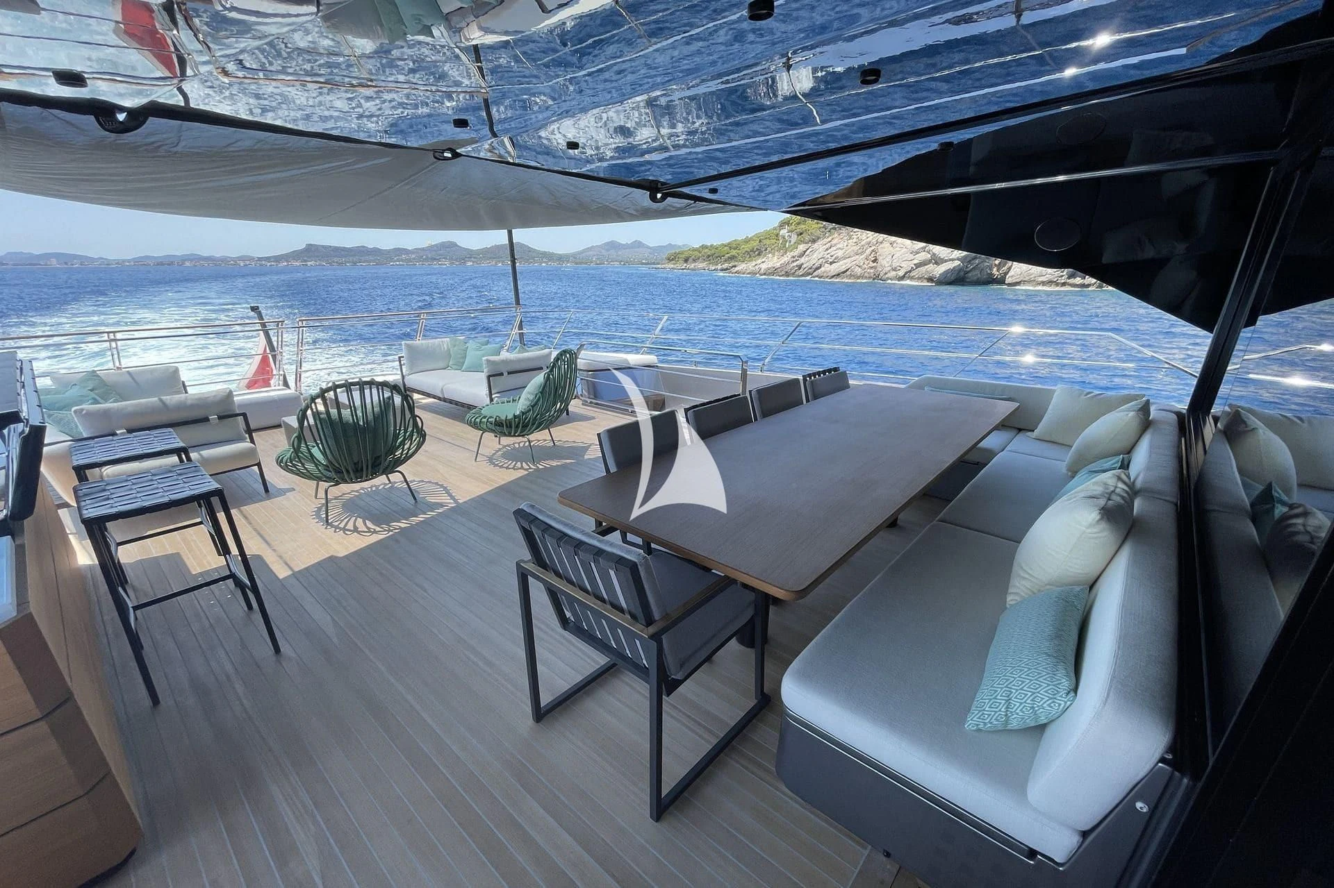 a lounge area on a deck overlooking a body of water aboard WHY 200 Yacht for Sale