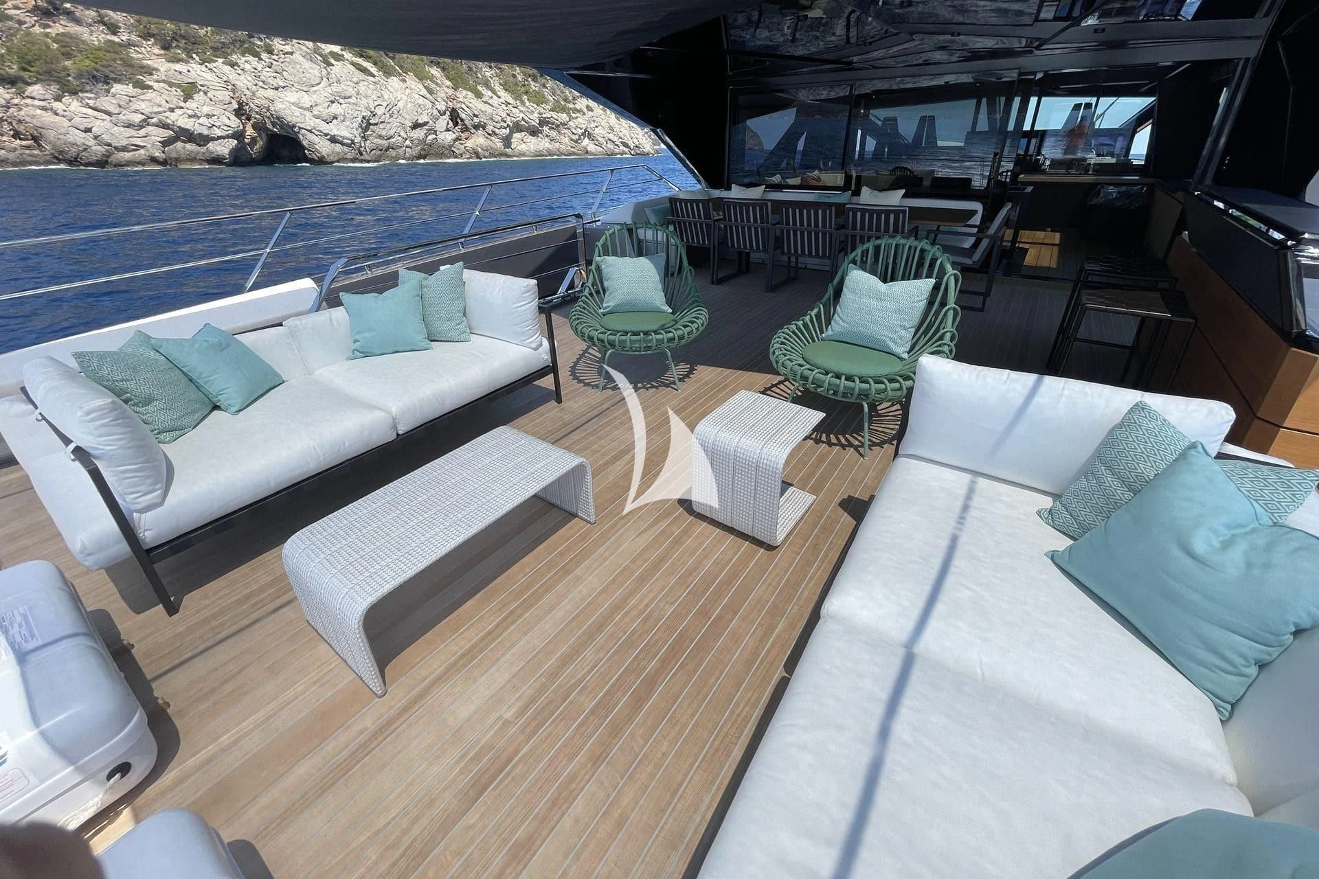 a lounge area with a deck and chairs aboard WHY 200 Yacht for Sale