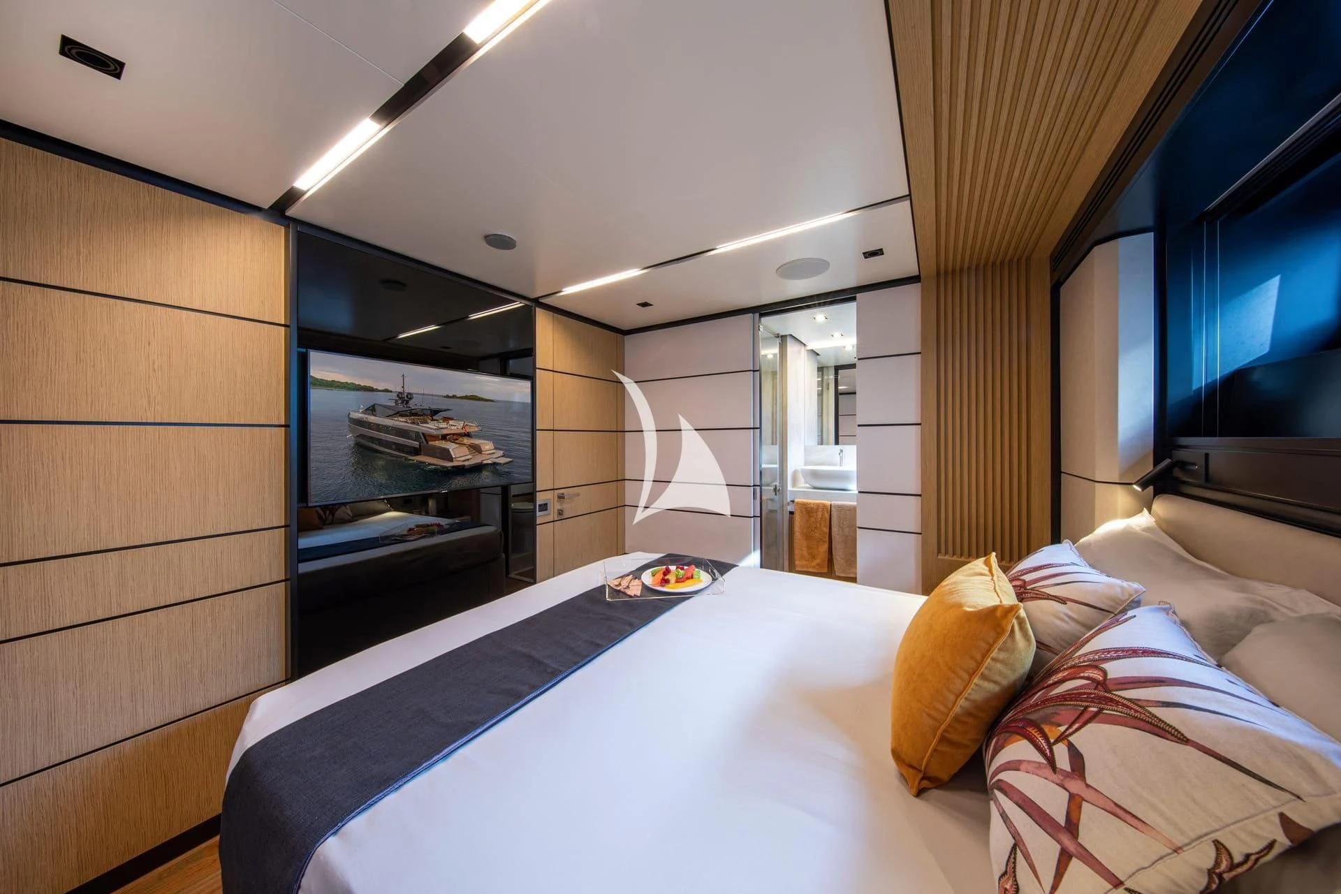 a bedroom with a large bed aboard WHY 200 Yacht for Sale