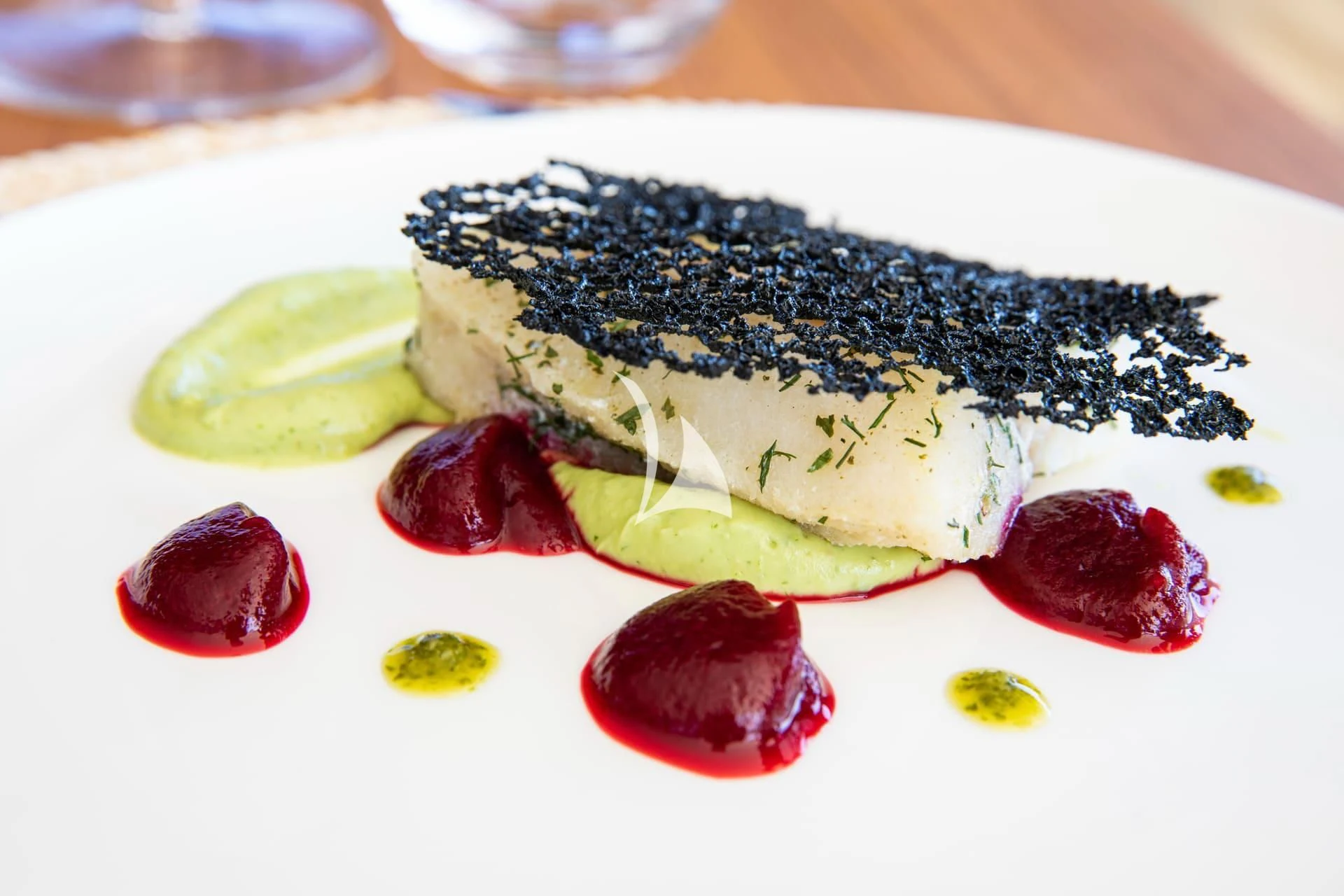 a plate of food aboard WHY 200 Yacht for Sale