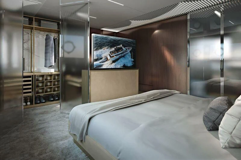 a bed in a room aboard CRAZY Yacht for Sale