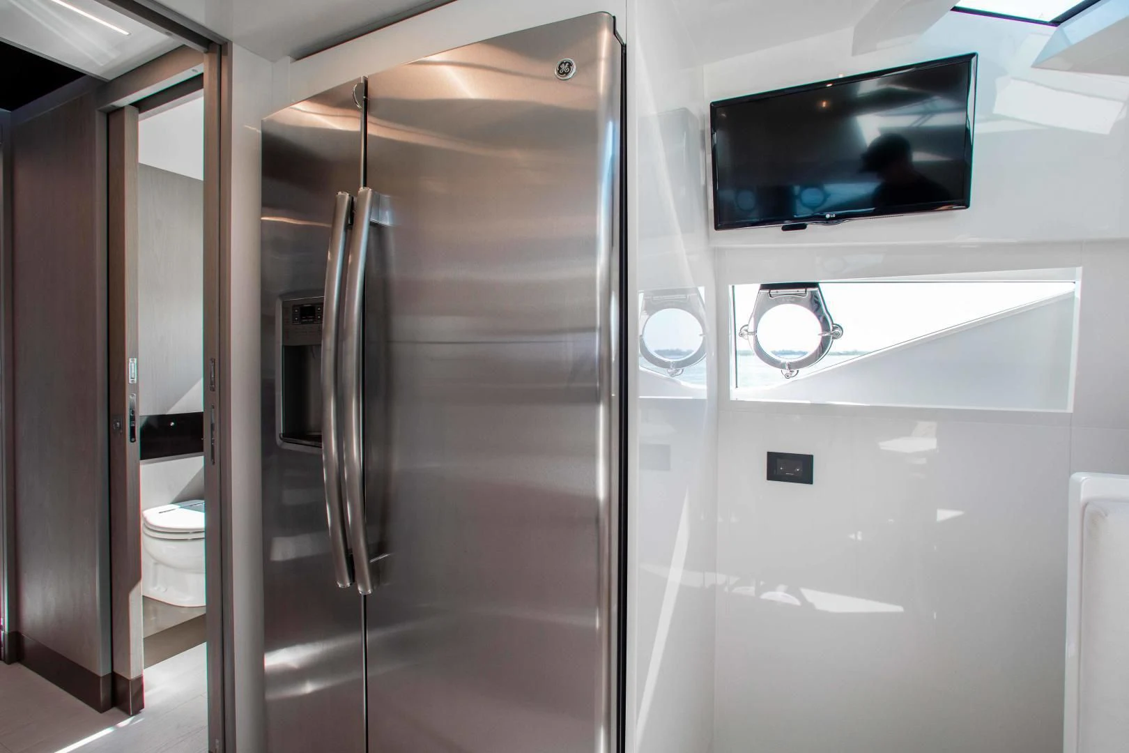 a bathroom with a large shower unit aboard CRAZY Yacht for Sale