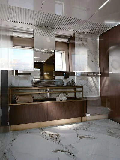 a kitchen with a sink and cabinets aboard CRAZY Yacht for Sale