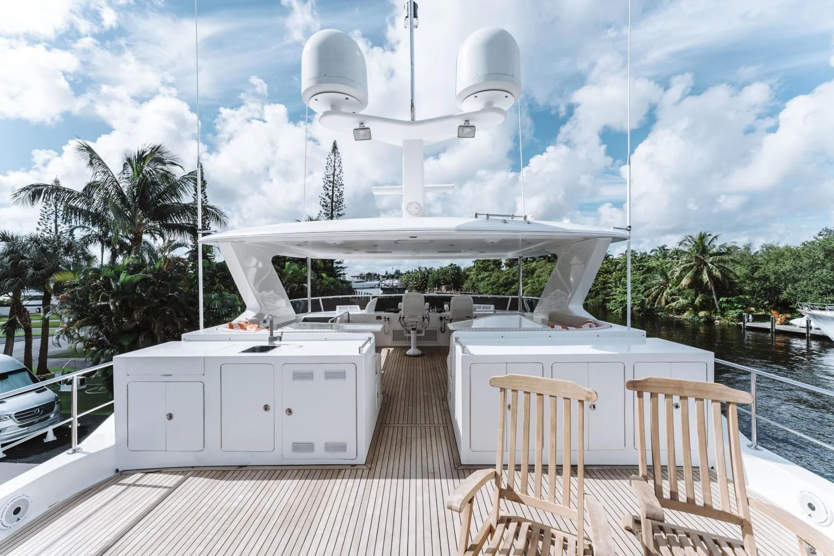 a white gazebo on a deck aboard SKULLDUGGERY Yacht for Sale
