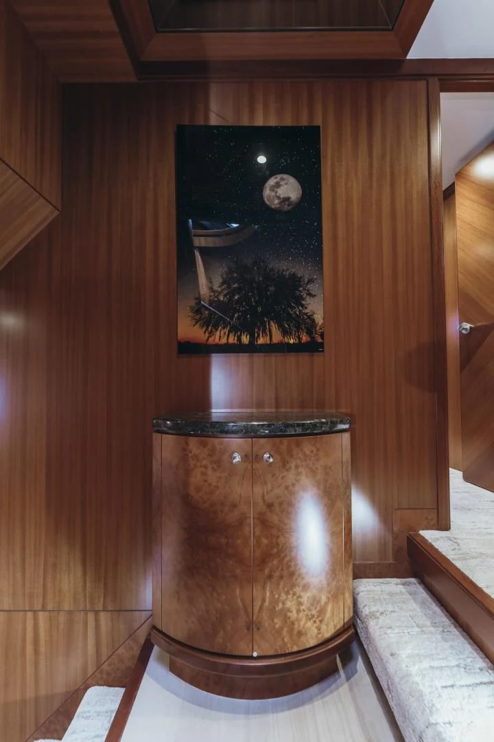 a barrel with a painting on the wall aboard SKULLDUGGERY Yacht for Sale