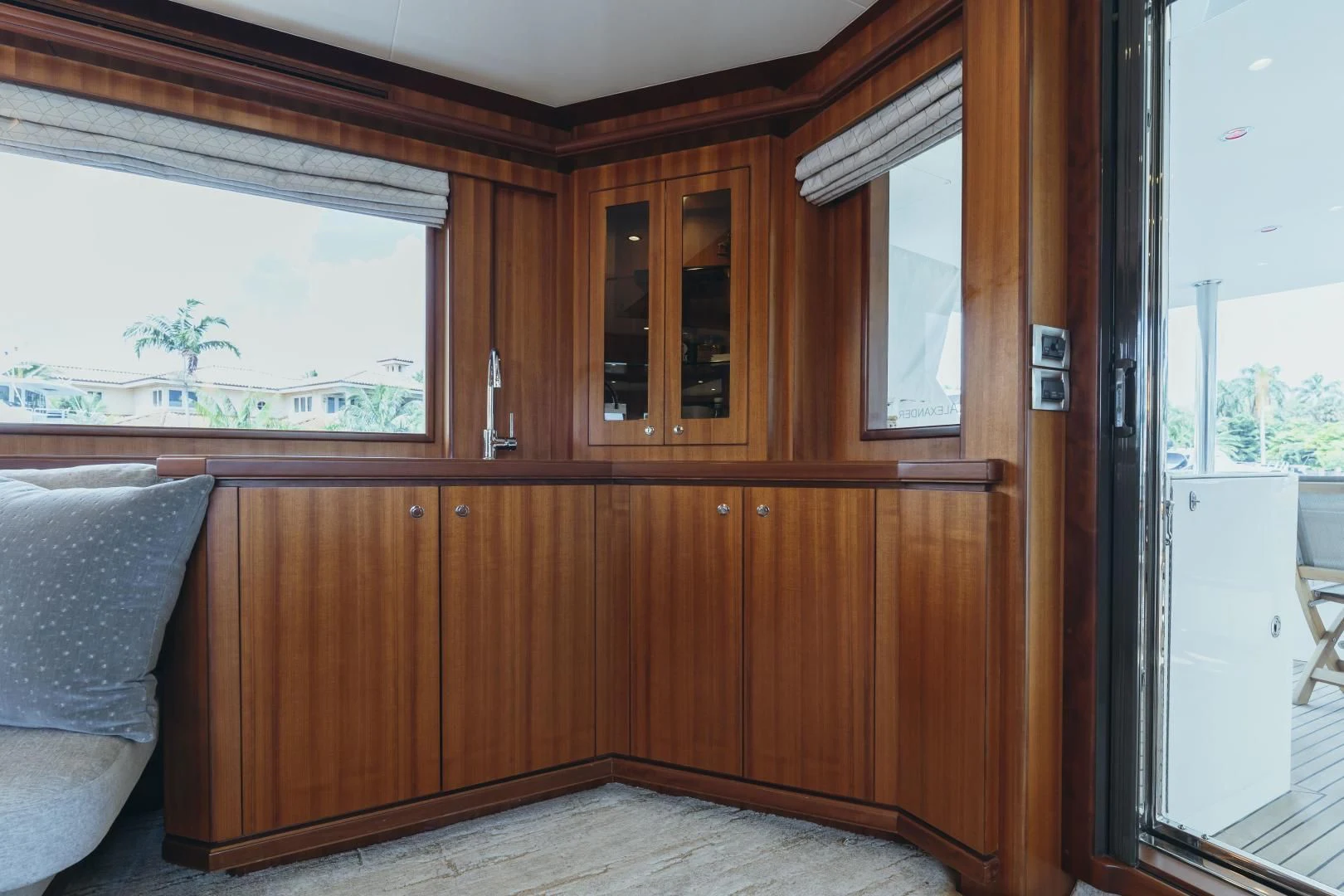 a room with wooden cabinets aboard SKULLDUGGERY Yacht for Sale