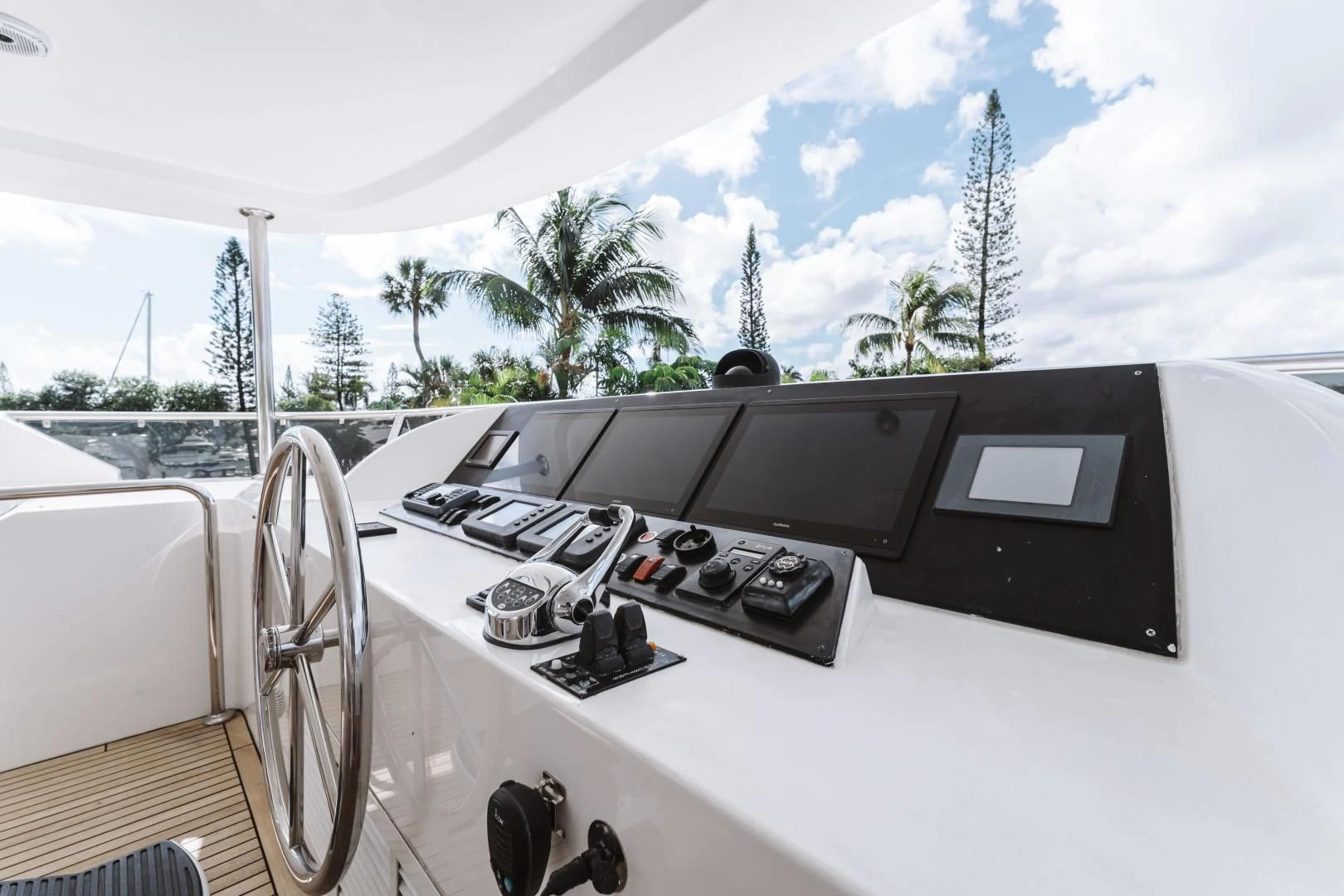 a white car with a black screen and a black screen on it aboard SKULLDUGGERY Yacht for Sale