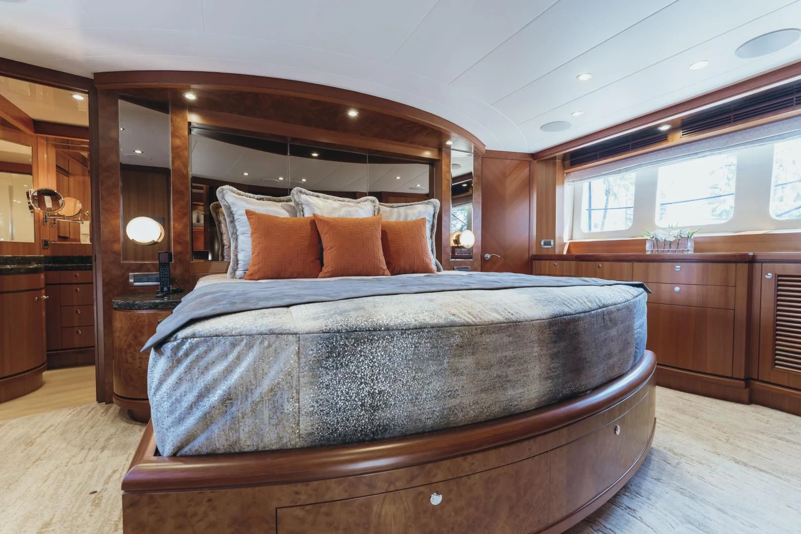 a large bed in a room aboard SKULLDUGGERY Yacht for Sale