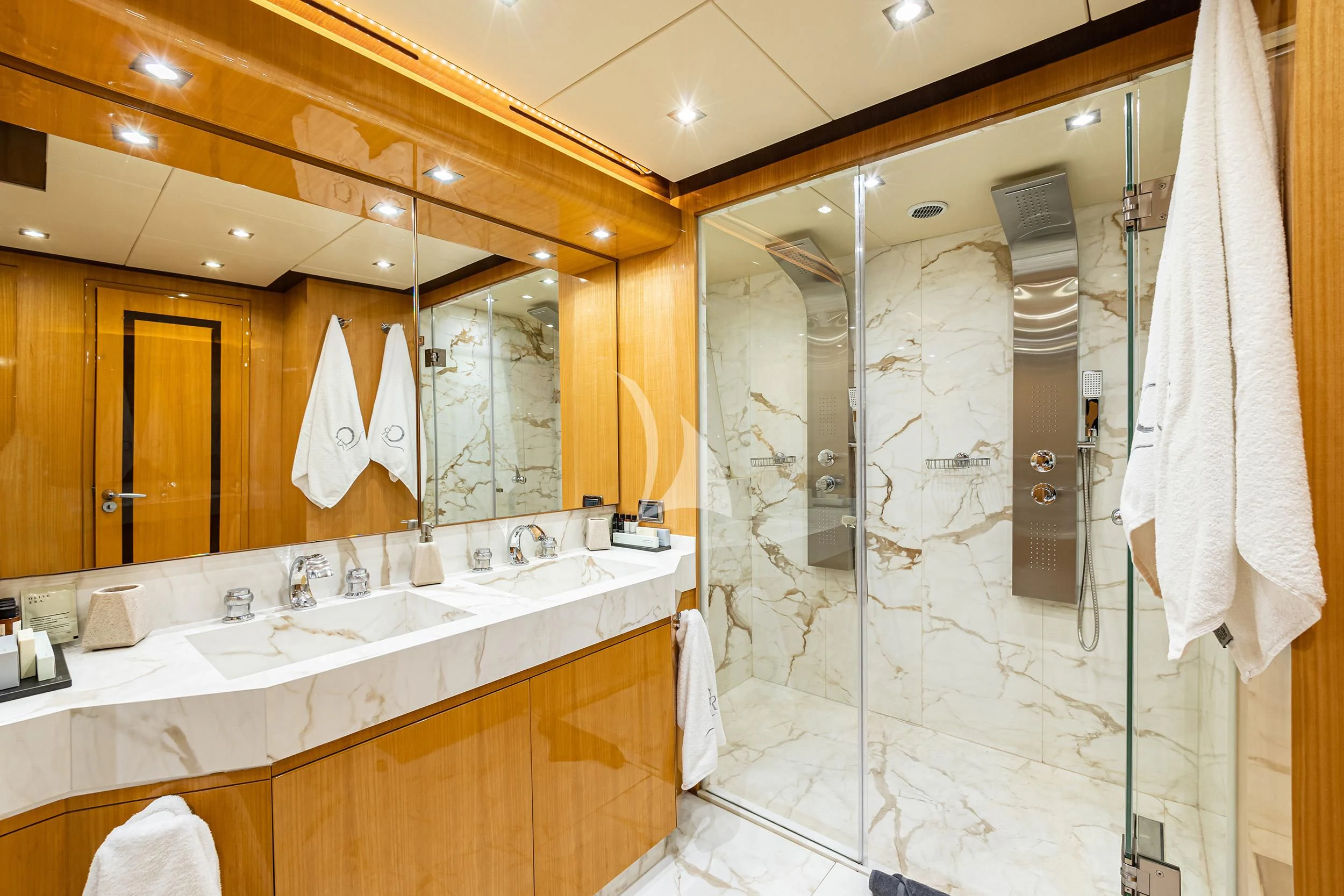 a bathroom with a large mirror aboard CAN'T REMEMBER Yacht for Sale