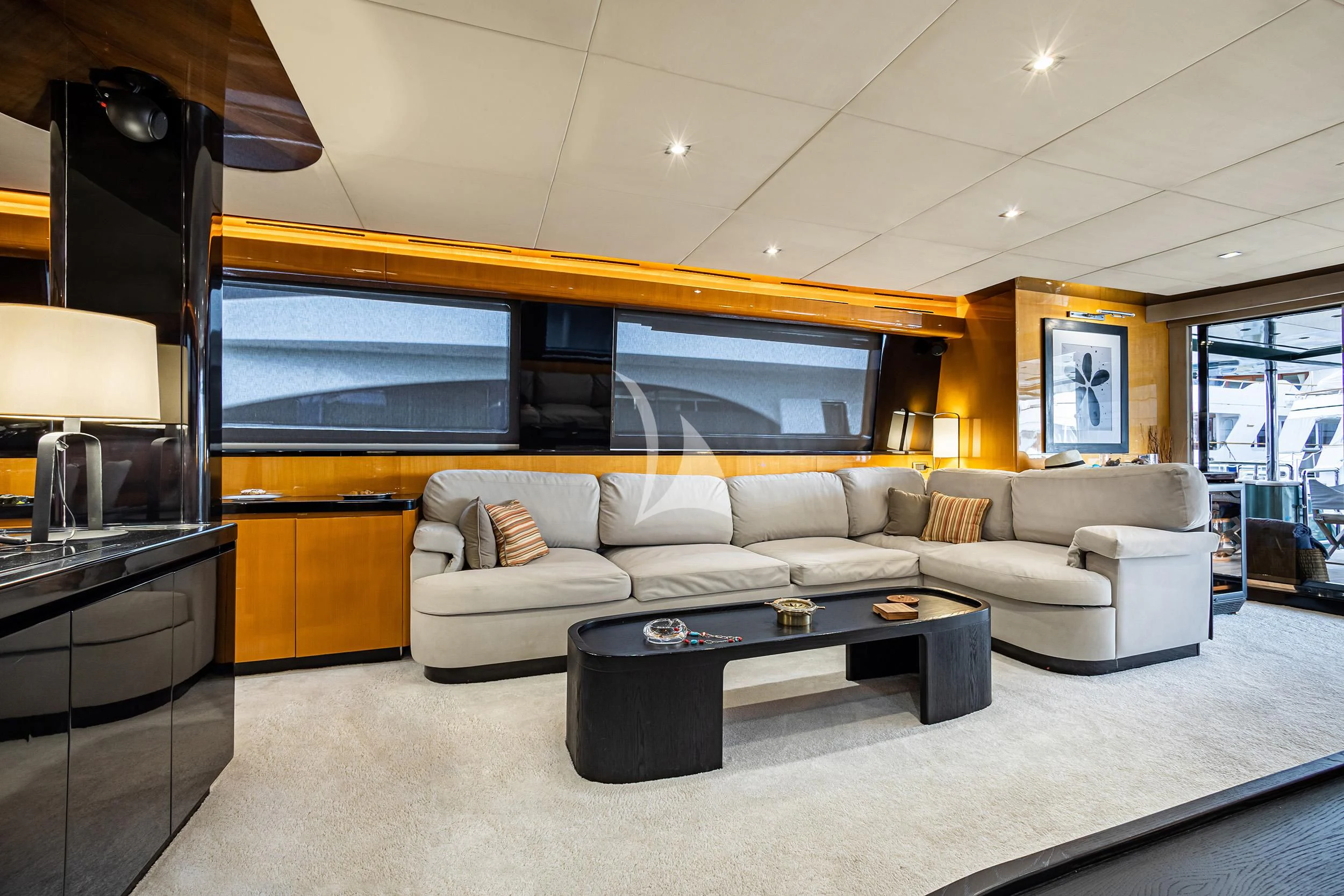 a living room with a large window aboard CAN'T REMEMBER Yacht for Sale