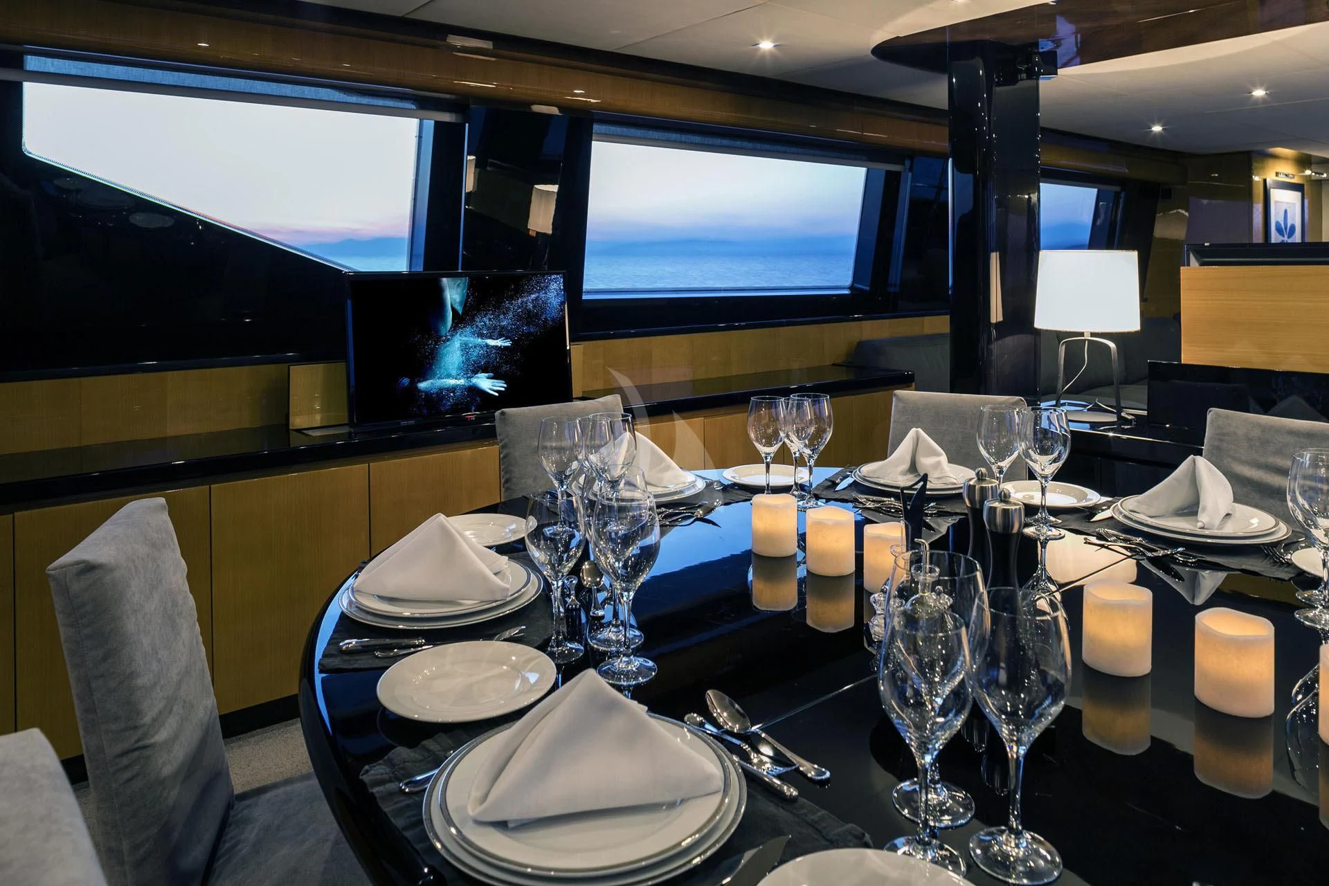 a table with plates and glasses aboard CAN'T REMEMBER Yacht for Sale