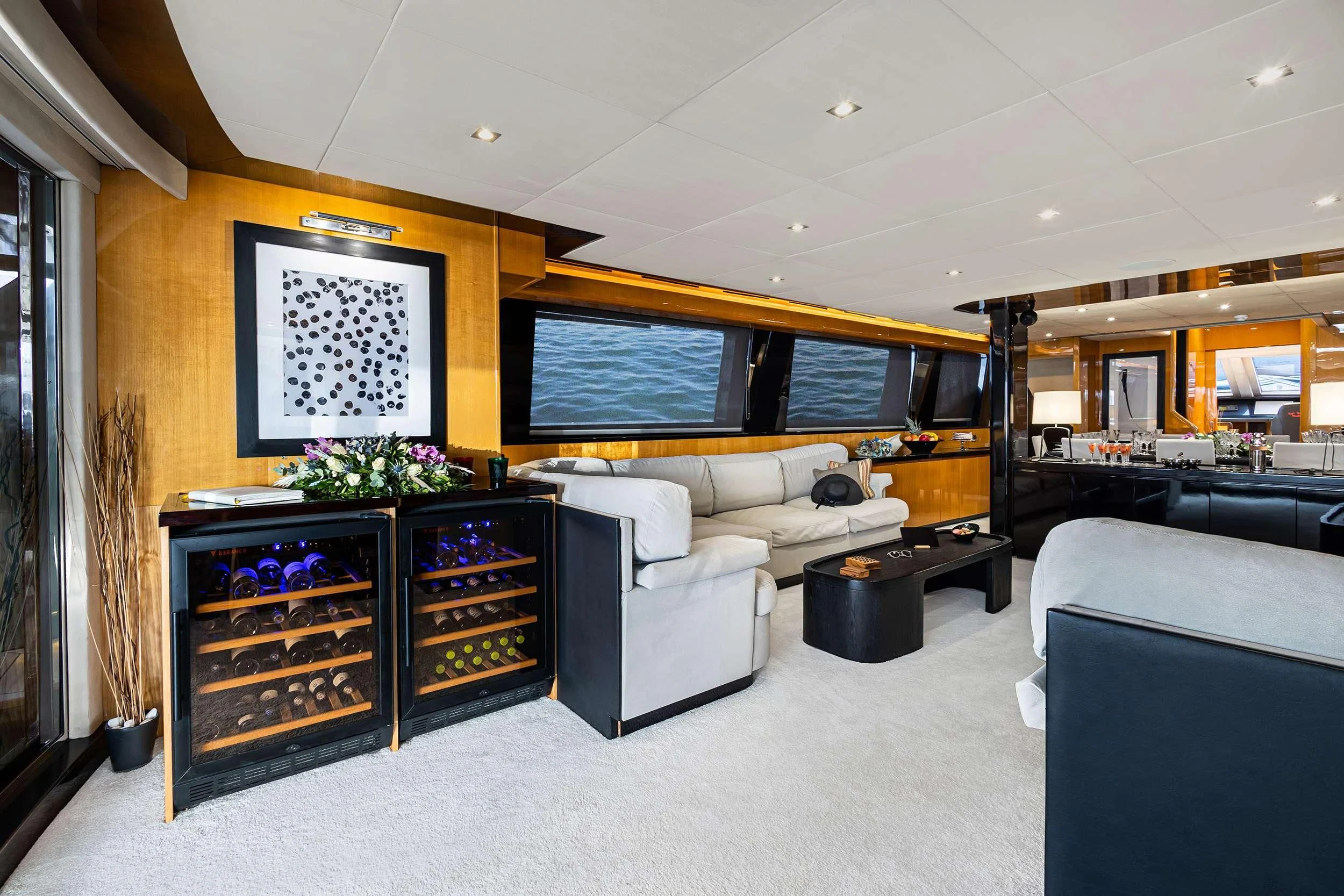 a living room with a large screen aboard CAN'T REMEMBER Yacht for Sale